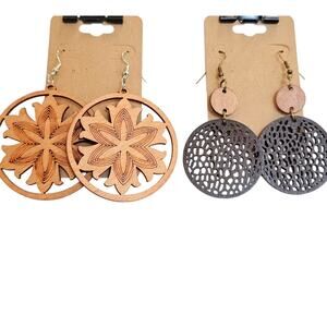 Wood Dangle Earrings Round Cutout Lightweight Floral Boho Pierced Jewelry 2 Pair